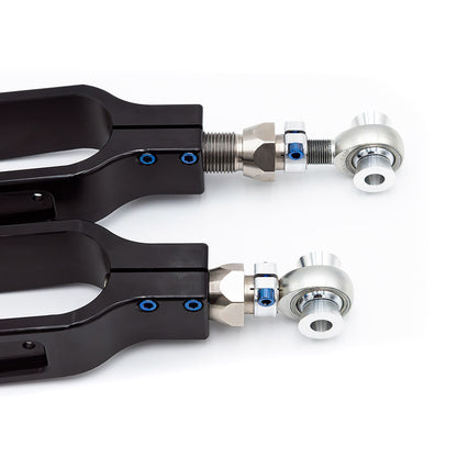 SPL RLL FRS adjustable rear lower camber arms for GR86, BRZ, and WRX, designed to eliminate bushing deflection and improve suspension response