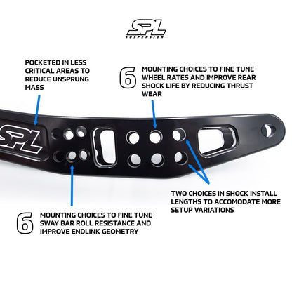 SPL RLL FRS adjustable rear lower camber arms for GR86, BRZ, and WRX, designed to eliminate bushing deflection and improve suspension response