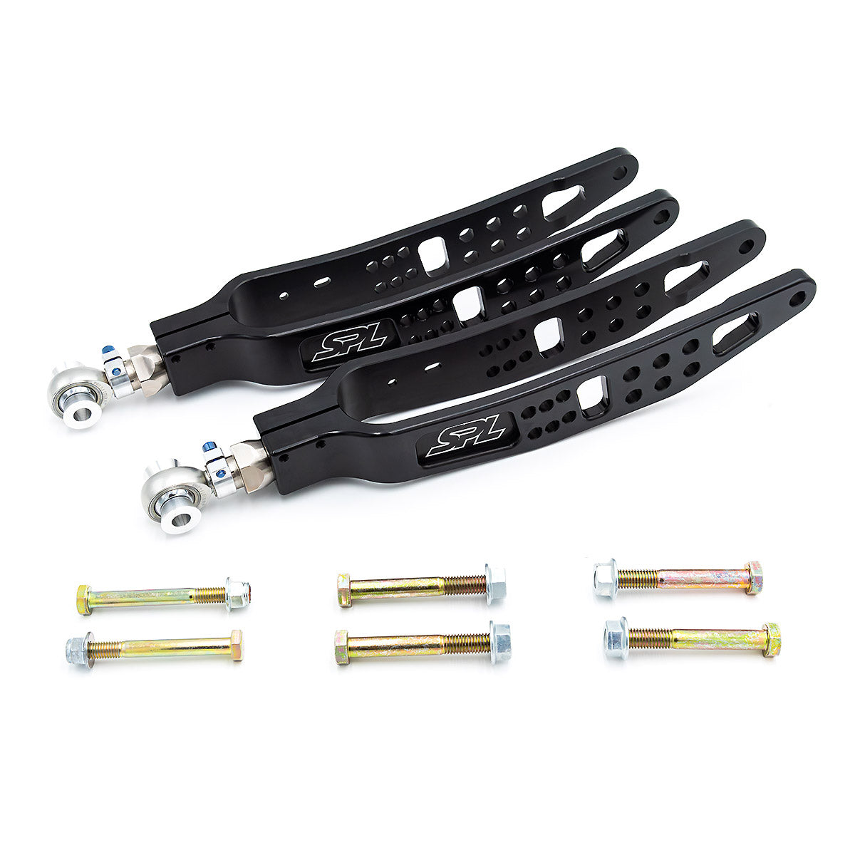 SPL RLL FRS adjustable rear lower camber arms for GR86, BRZ, and WRX, designed to eliminate bushing deflection and improve suspension response