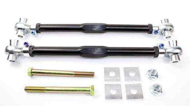 SPL RTAEL E9M adjustable rear toe links with eccentric lockout for BMW E8X and E9X M cars, designed to lock alignment and improve rear stability