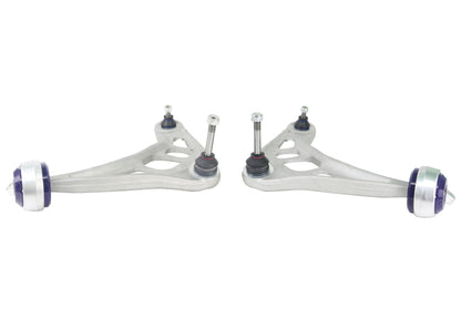 Close-up of SuperPro alloy front control arm and M-Spec ball joint for BMW E46.