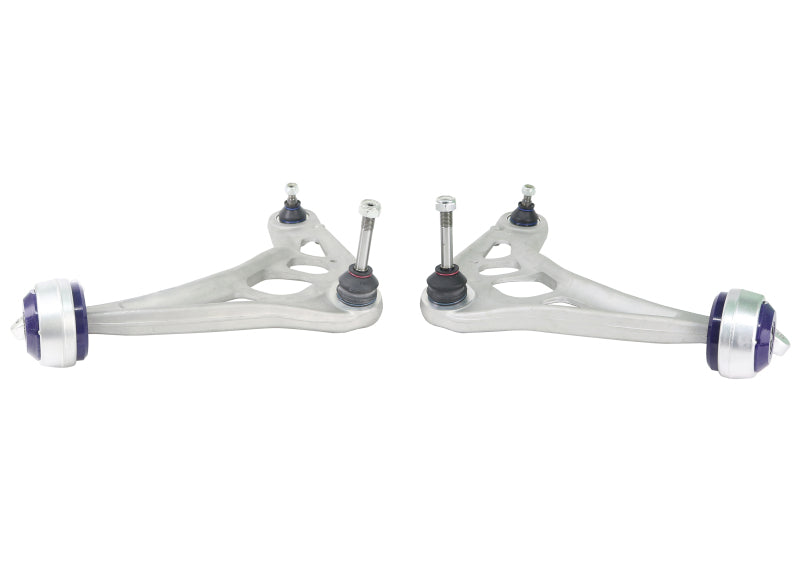 Close-up of SuperPro alloy front control arm and M-Spec ball joint for BMW E46.