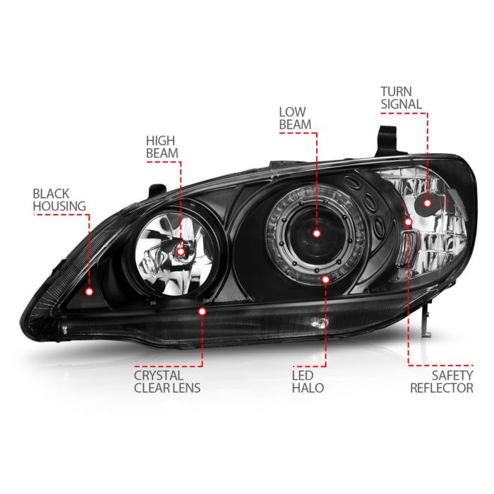 ANZO HONDA CIVIC 04-05 2DR/4DR PROJECTOR HEADLIGHTS BLACK W/ LED HALO - 121059