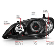 Load image into Gallery viewer, ANZO HONDA CIVIC 04-05 2DR/4DR PROJECTOR HEADLIGHTS BLACK W/ LED HALO - 121059