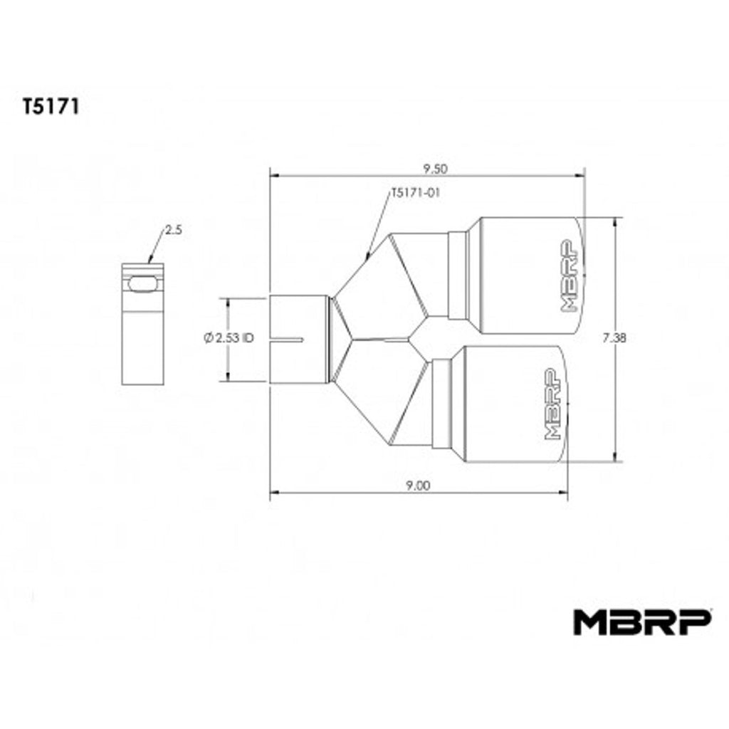 MBRP Tip, T304 Stainless Steel Tip; 2.5" ID, Dual 3.5" OD Out, 9.5" length, Single wall