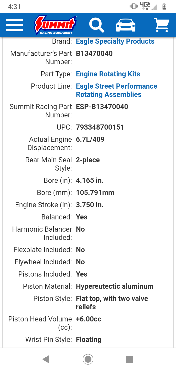 Eagle Chevy 400 Heavy Duty Assembly 409 Cid / 4.165in Bore Size / -28cc