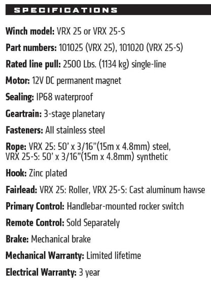 Warn 101020 VRX 25-S Powersports 12V Winch – 2,500 lb Capacity