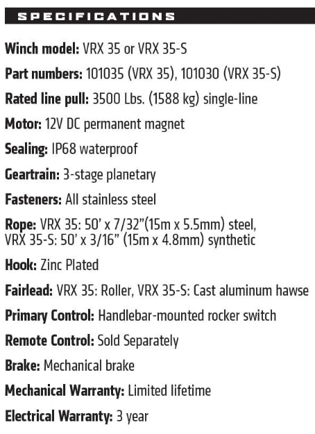 Warn 101030 VRX 35-S Powersports 12V Winch – 3,500 lb Capacity