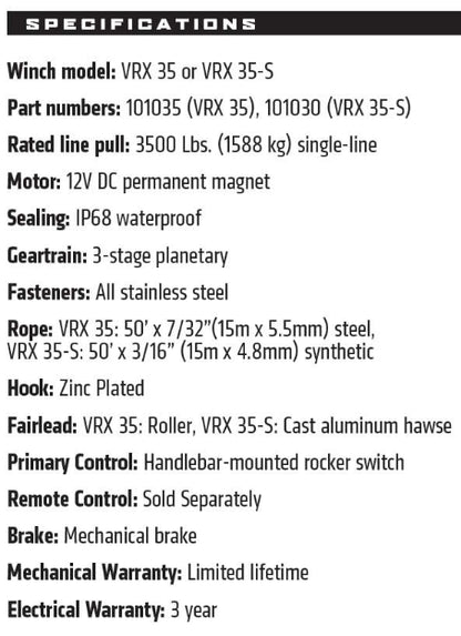 Warn 101030 VRX 35-S Powersports 12V Winch – 3,500 lb Capacity