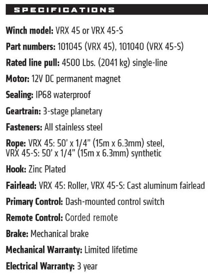 Warn 101040 VRX 45-S Powersports 12V Winch – 4,500 lb Capacity