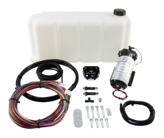 Water/methanol injection kit with reservoir, electric pump, electronic controller, tubing and nozzle hardware.