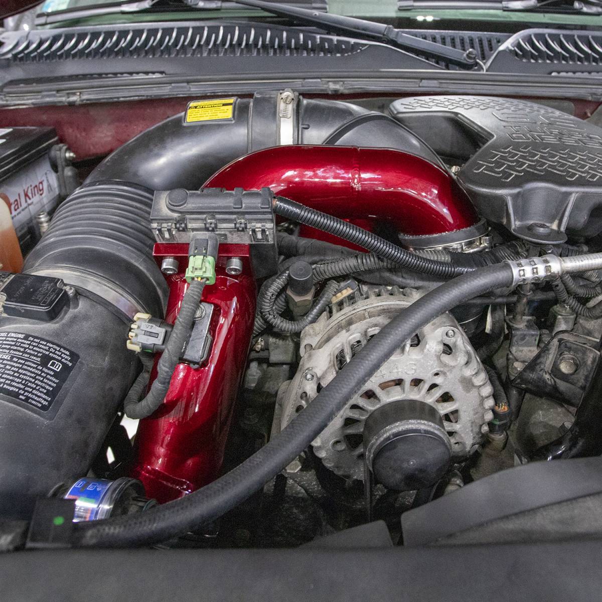 Wehrli WCF100163-BR 3 inch Y-bridge kit Bengal red LBZ Duramax high flow intake installed on truck