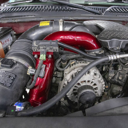 Wehrli WCF100163-BR 3 inch Y-bridge kit Bengal red LBZ Duramax high flow intake installed on truck