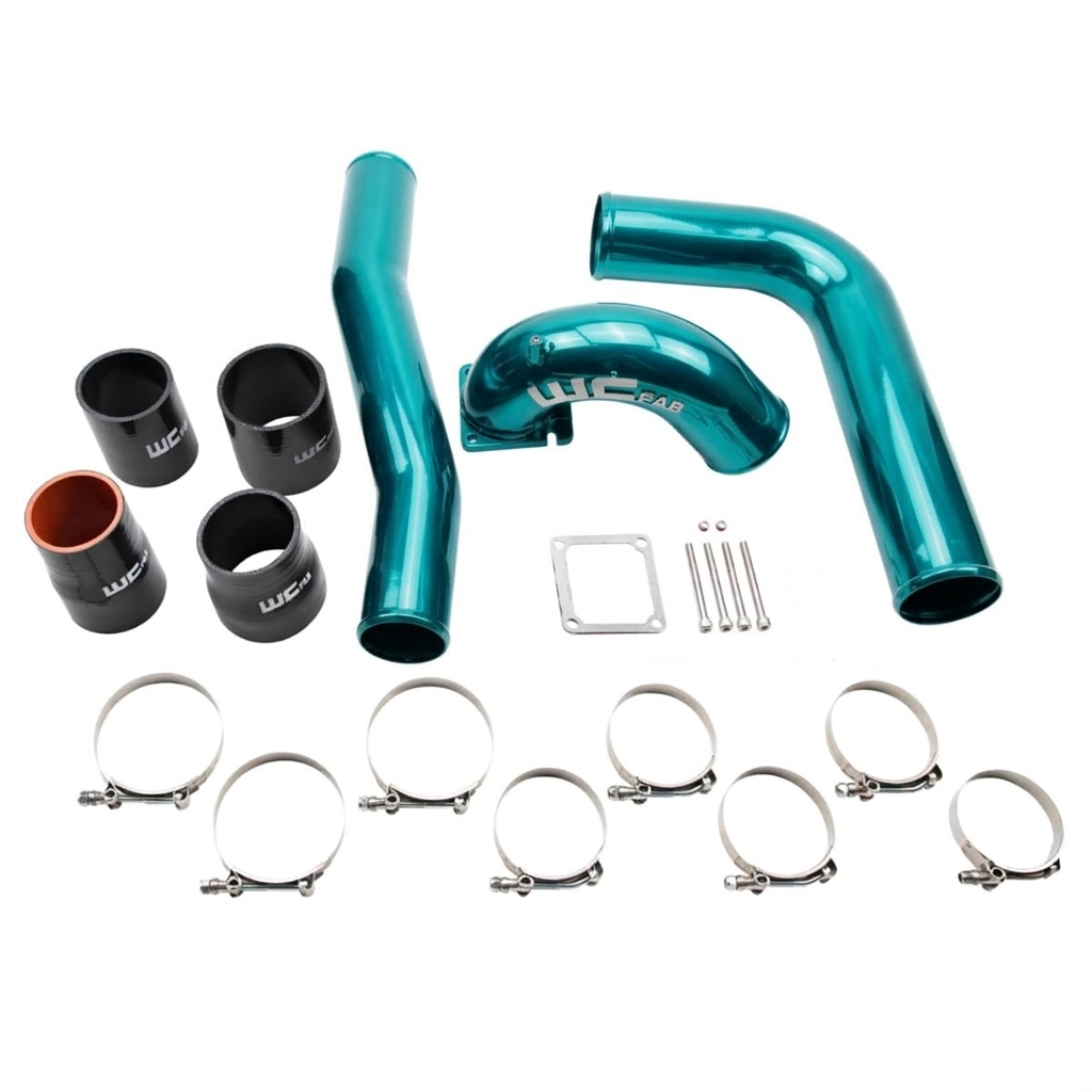 Wehrli WCF100329-CT 5.9 Cummins stage 1 intake bundle candy teal intercooler pipes shown in teal color