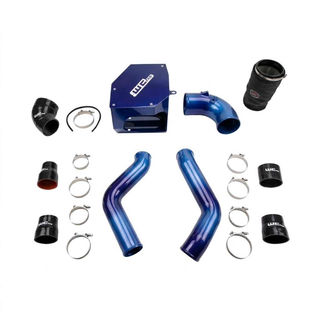Wehrli WCF100331 stage 2 high flow intake kit 6.7 Cummins with intercooler pipes air box shown in bengal blue