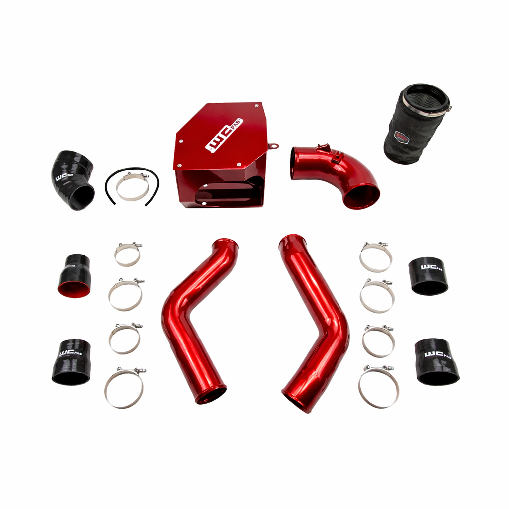 Wehrli WCF100331 stage 2 high flow intake kit 6.7 Cummins with intercooler pipes air box shown in candy red