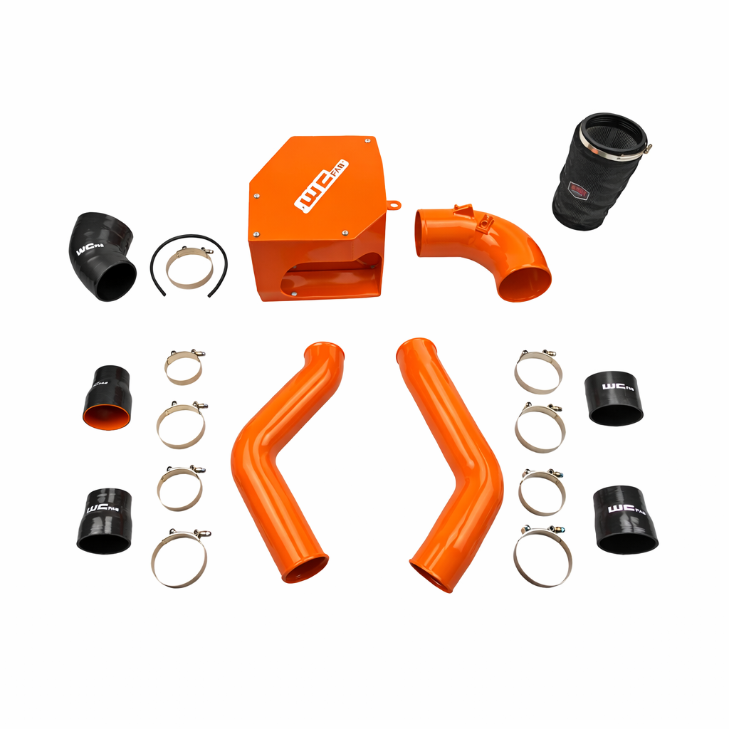 Wehrli WCF100331 stage 2 high flow intake kit 6.7 Cummins with intercooler pipes air box chevy orange