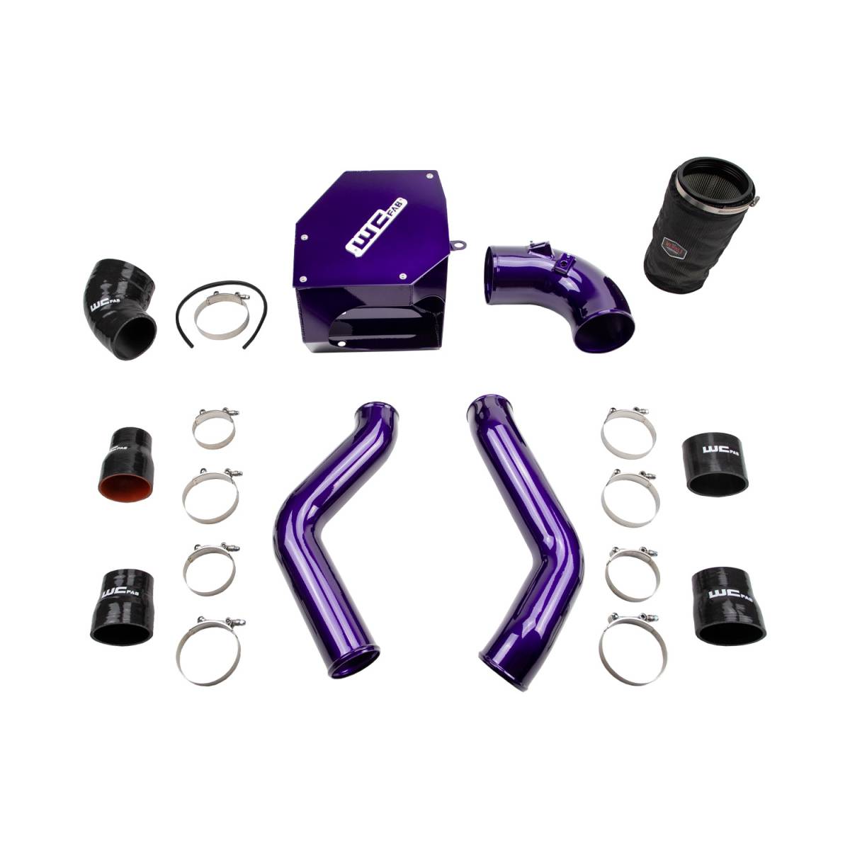 Wehrli WCF100331 stage 2 high flow intake kit 6.7 Cummins with intercooler pipes air box shown in illusion purple