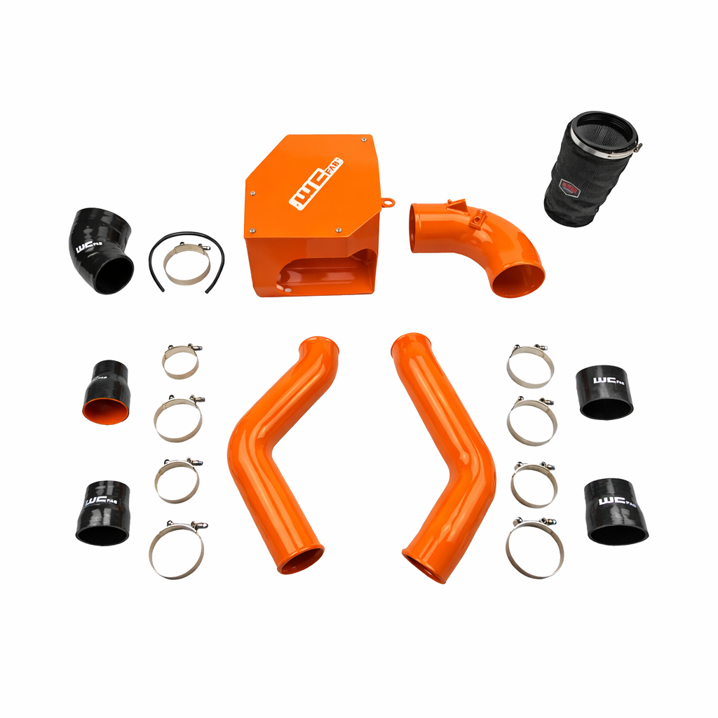 Wehrli WCF100331 stage 2 high flow intake kit 6.7 Cummins with intercooler pipes air box bomber sparkle orange
