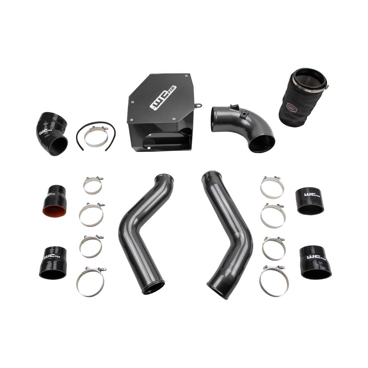 Wehrli WCF100331 stage 2 high flow intake kit 6.7 Cummins with intercooler pipes air box shown in wcfab grey color