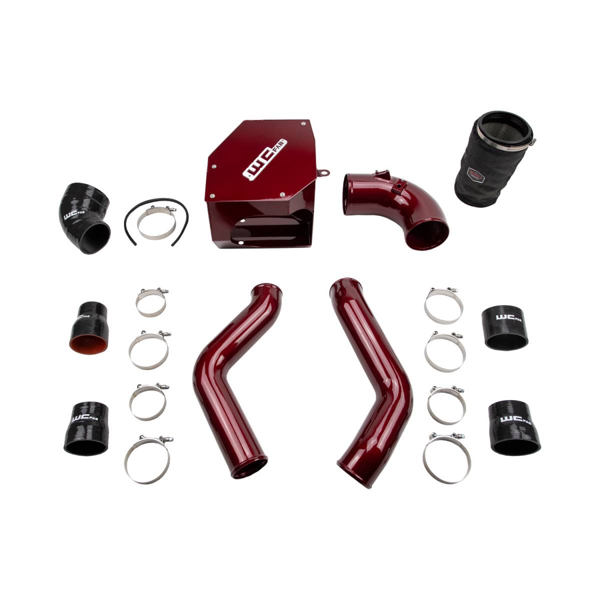 Wehrli WCF100331 stage 2 high flow intake kit 6.7 Cummins with intercooler pipes air box shown in wxfab red