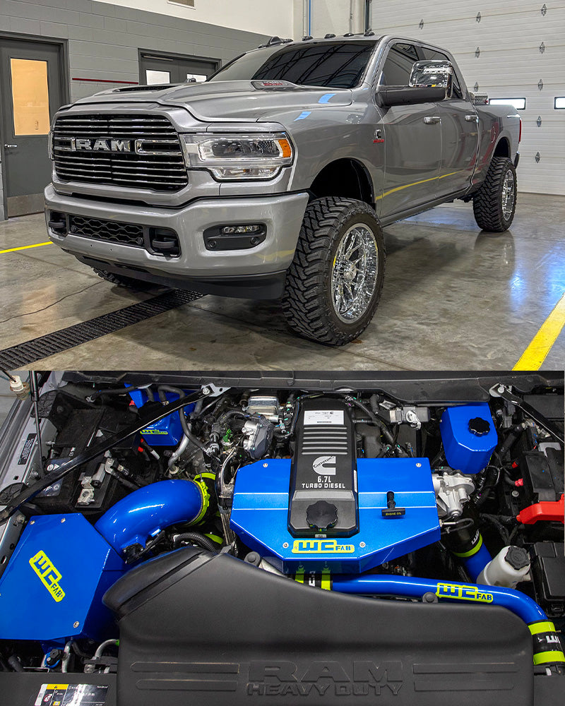 Wehrli WCF100331 stage 2 high flow intake kit 6.7 Cummins with intercooler pipes air box installed on ram cummins