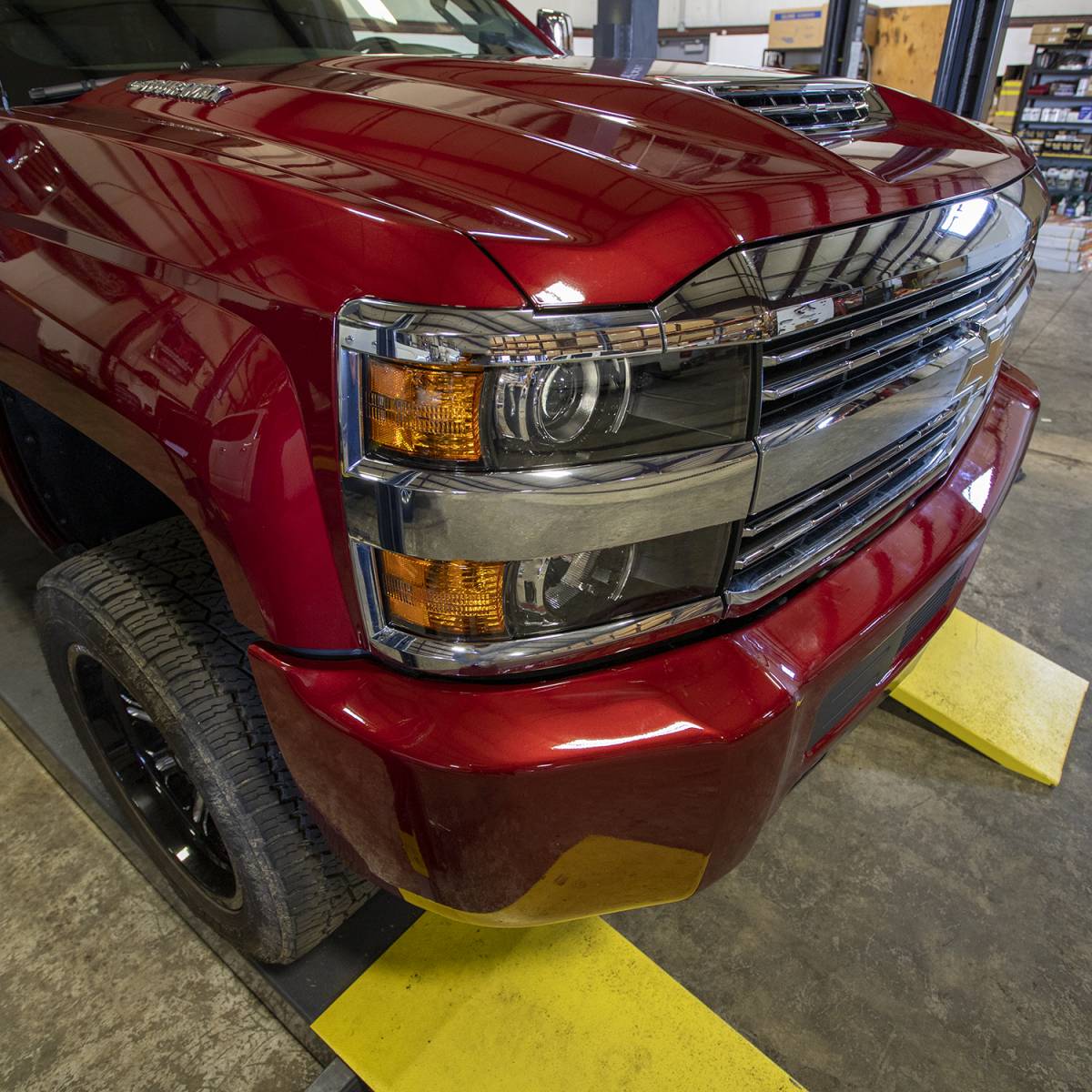 Wehrli WCF100453 3/8 inch front bumper spacer kit GM 2500HD 3500HD image shows what it does to your bumper installed