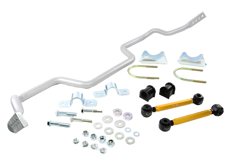 Automotive suspension components including a sway bar and bushings on a white background