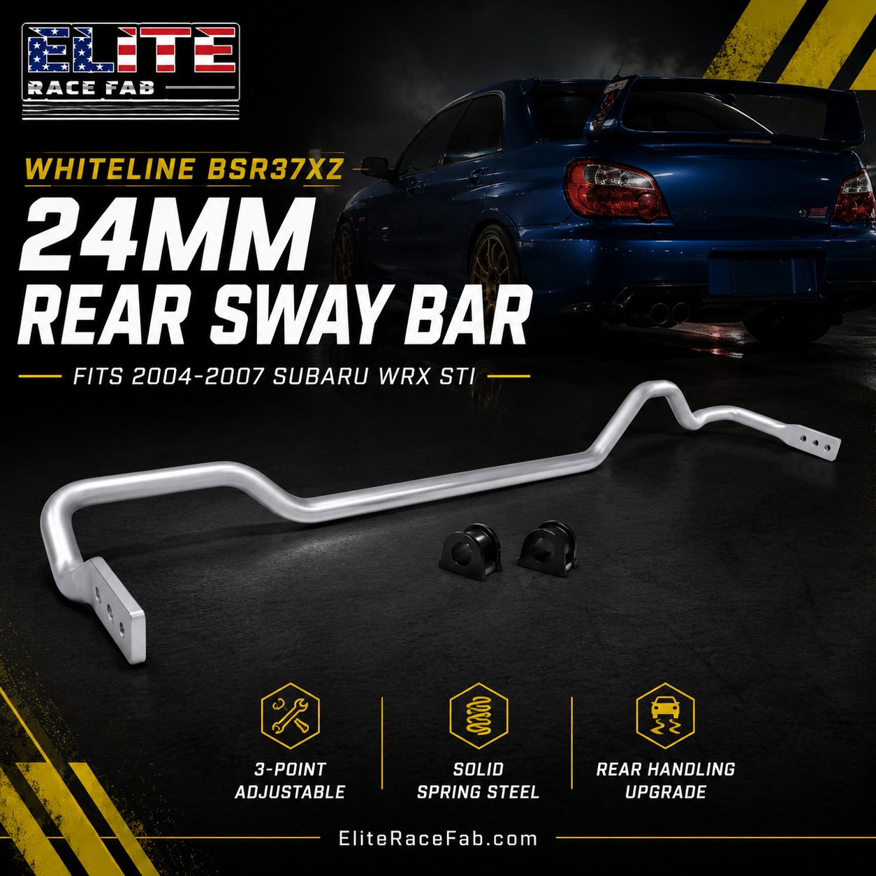 Promotional image for Whiteline BSR37XZ 24mm rear sway bar for 2004-2007 Subaru WRX STI with 3-point adjustable solid spring steel design.
