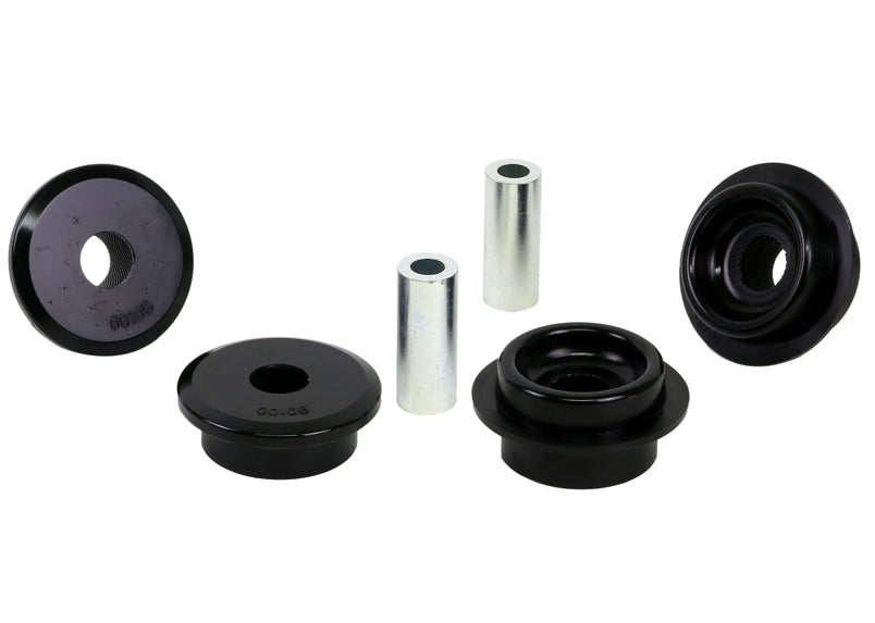 Set of mechanical components including black and silver parts on a white background