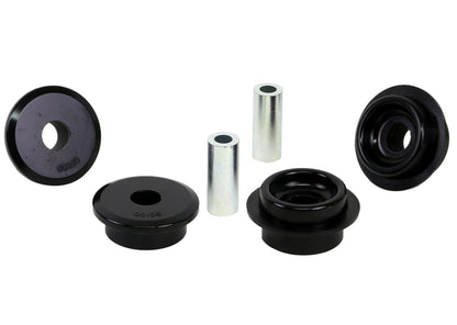 Set of mechanical components including black and silver parts on a white background