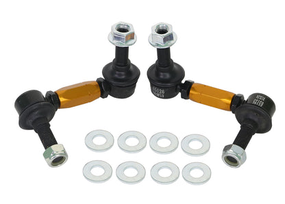 Two metal suspension links with gold accents and washers on a white background