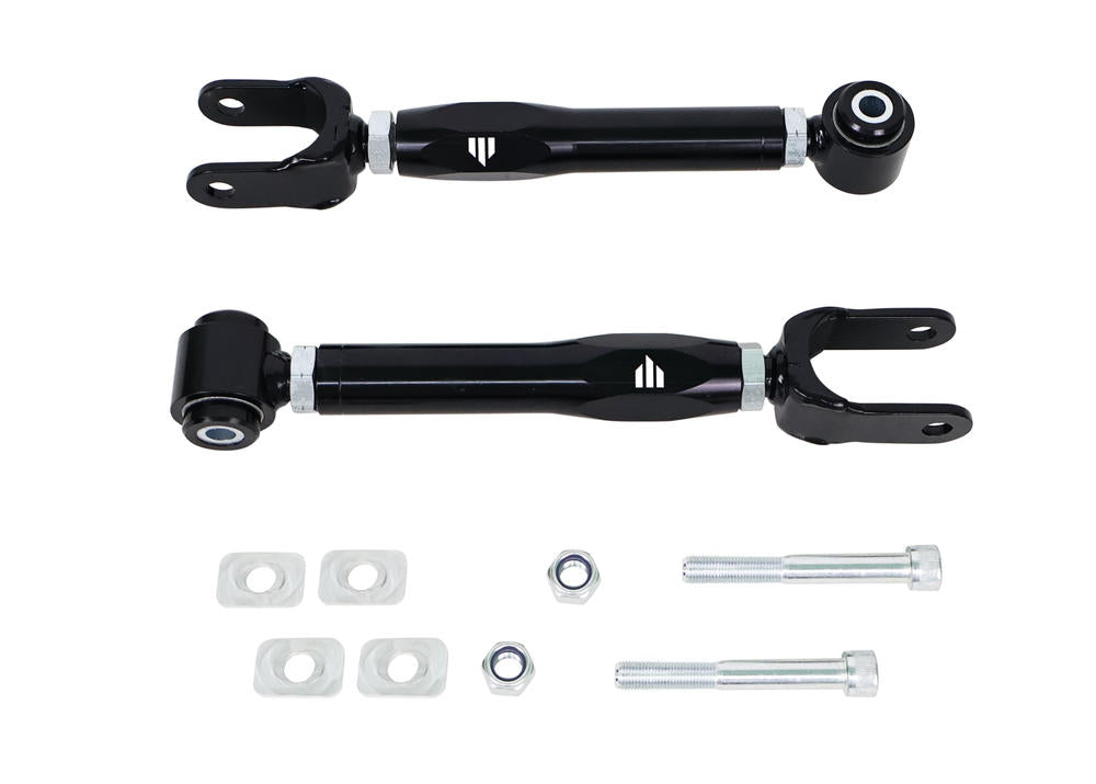 Two black metal control arms with mounting hardware on a white background