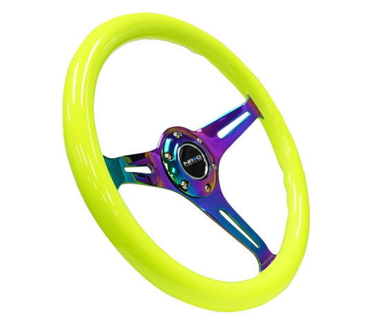 NRG Classic Wood Grain Steering Wheel (350mm) Neon Yellow Color w/Neochrome Spokes - ST-015MC-NYW
