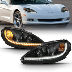 ANZO 2005-2013 Chevy Corvette Projector Plank Style Switchback H.L. Black Amber - eliteracefab.com