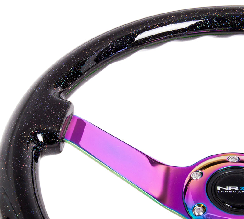 NRG Reinforced Steering Wheel 350mm Classic Black Sparkled Wood Grain Wheel 3 Inch Deep 4mm3-Spoke Center Neochrome - eliteracefab.com