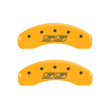 Load image into Gallery viewer, MGP 4 Caliper Covers Engraved Front &amp; Rear Avalanche style/SS Yellow finish black ch MGP