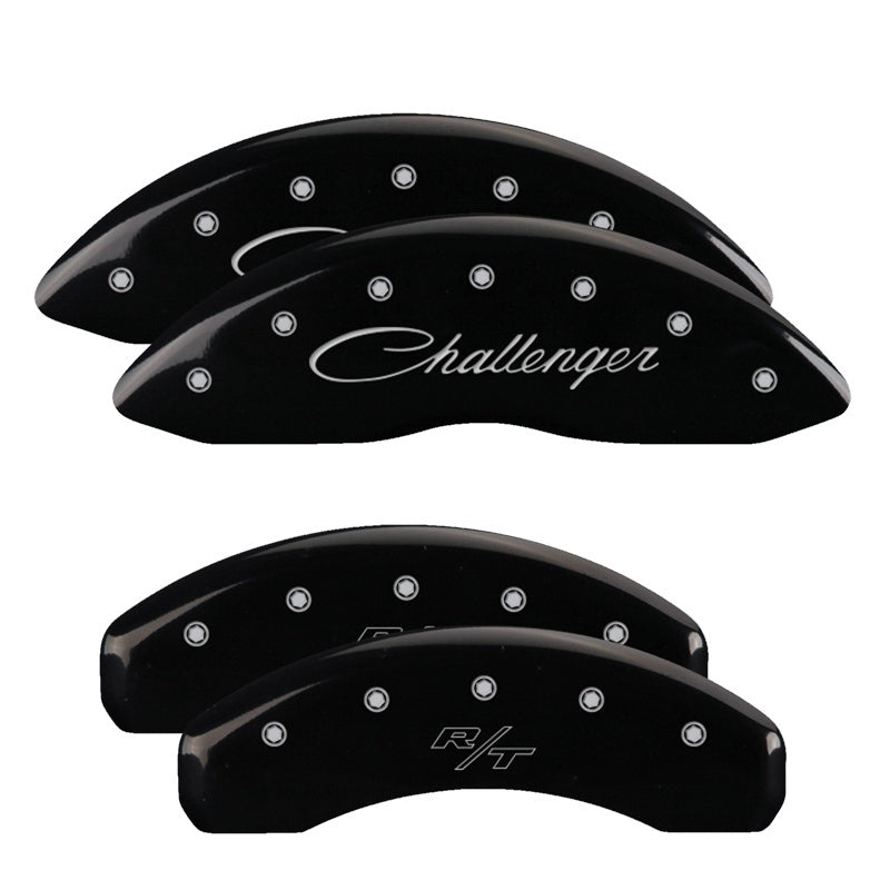 MGP 4 Caliper Covers Engraved Front Cursive/Challenger Engraved Rear RT Black finish silver ch MGP