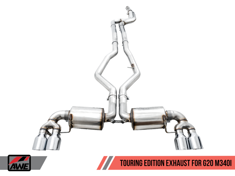 AWE Tuning 2019+ BMW M340i (G20) Resonated Touring Edition Exhaust - Quad Chrome Silver Tips - eliteracefab.com