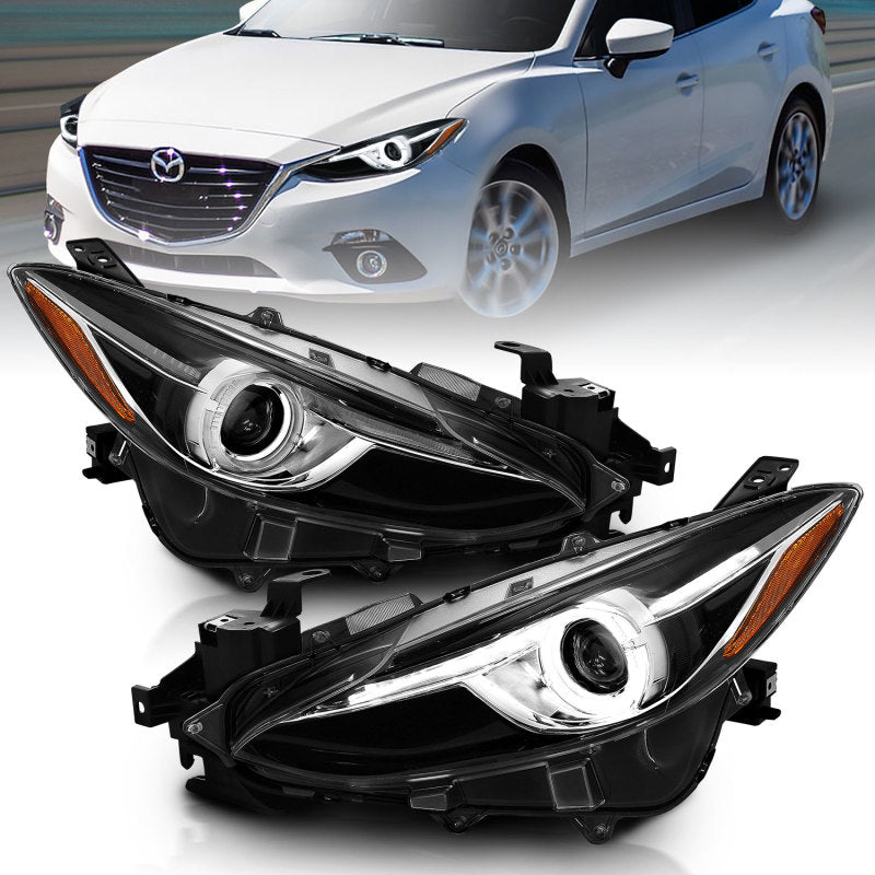 ANZO USA Mazda 3 Projector Headlights W/ Halo Black W/ Amber; 2014-2016 - eliteracefab.com