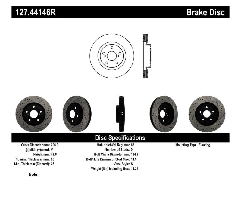 STOPTECH 07-09 LEXUS ES 250/ES 300/ ES330/ES350 SPORTSTOP SLOTTED & DRILLED RIGHT FRONT ROTOR, 127.44146R - eliteracefab.com