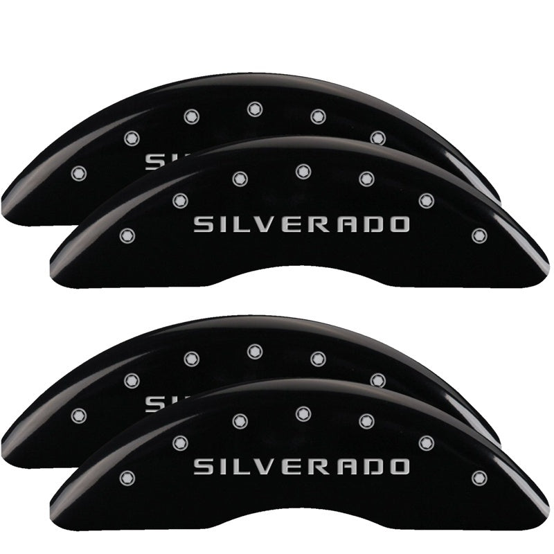 MGP 4 Caliper Covers Engraved Front & Rear Silverado Black finish silver ch MGP