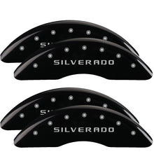 Load image into Gallery viewer, MGP 4 Caliper Covers Engraved Front &amp; Rear Silverado Black finish silver ch MGP