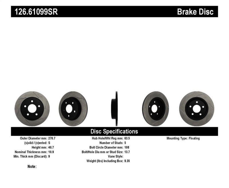 STOPTECH 13 FORD FOCUS ST SLOTTED RIGHT REAR ROTOR, 126.61099SR - eliteracefab.com