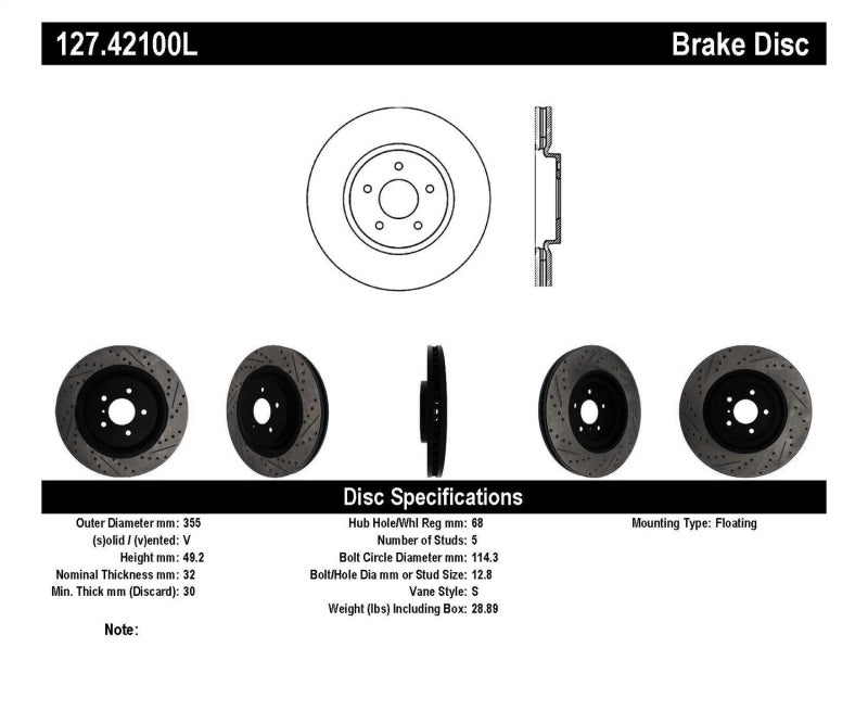 STOPTECH INFINITI G37 / NISSAN 370Z SPORTSTOP SLOTTED & DRILLED FRONT LEFT ROTOR, 127.42100L - eliteracefab.com