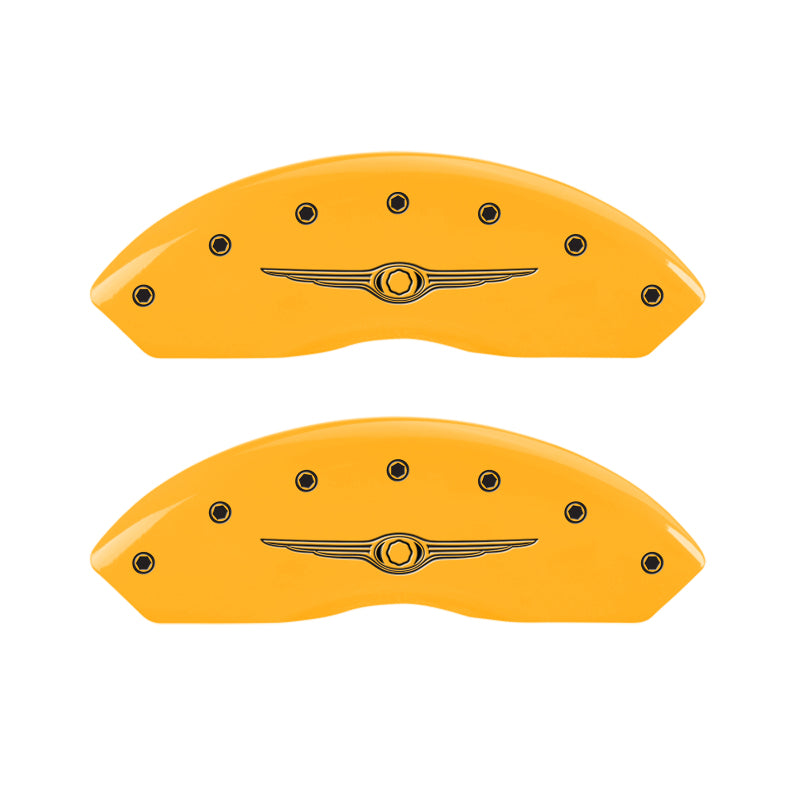 MGP 4 Caliper Covers Engraved Front & Rear Style 1/Chrysler Wing Yellow finish black ch MGP