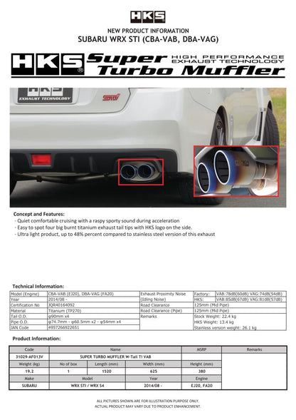 HKS SUPER TURBO MUFFLER Ti Subaru VAB WRX STI/VAG WRX S4 - eliteracefab.com