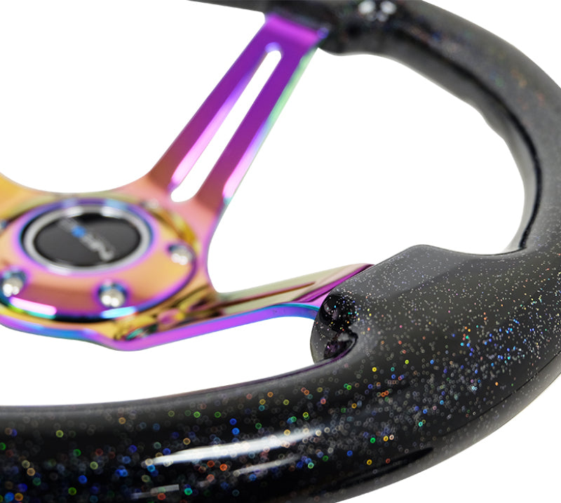 NRG Reinforced Classic Wood Grain Wheel 350mm 3-Spoke Slotted Center Neochrome Black Multi-Color Flake Wood - eliteracefab.com