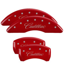 Load image into Gallery viewer, MGP 4 Caliper Covers Engraved Front &amp; Rear Cursive/Cadillac Red Finish Silver Char 2016 Cadillac CT6 - eliteracefab.com