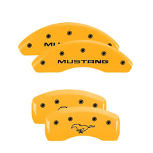 Load image into Gallery viewer, MGP 4 Caliper Covers Engraved Front Mustang Rear Pony Yellow Finish Black Char 1997 Ford Mustang MGP